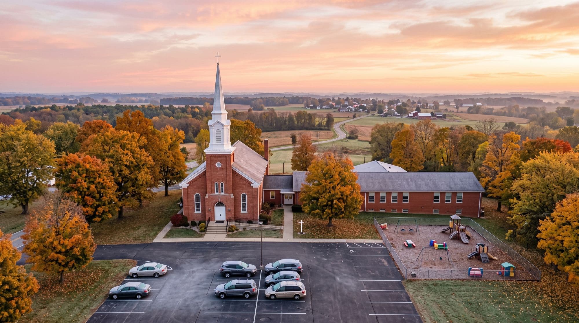 A red-brick church and its one-story wing seen from above at dusk, with a fenced playground, a parking lot and fall trees