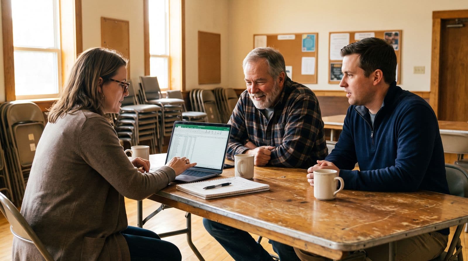 Three people planning at a table in a fellowship hall