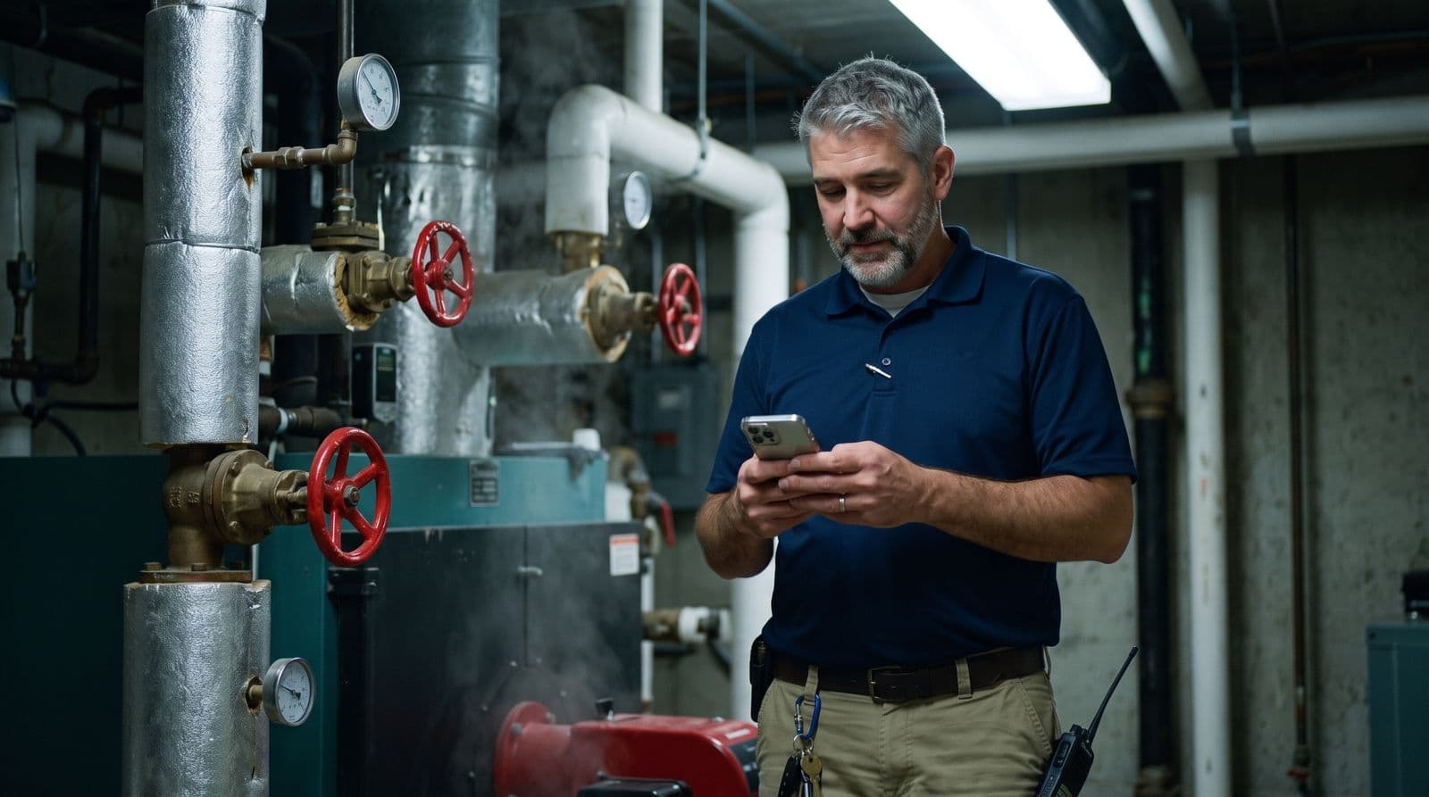 A facilities manager in a boiler room checking a phone