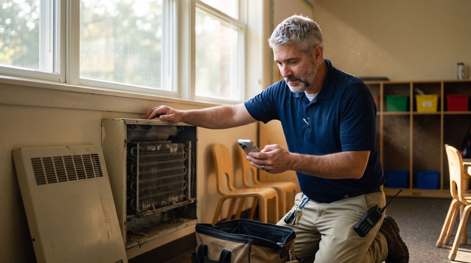 A facilities manager checking a classroom