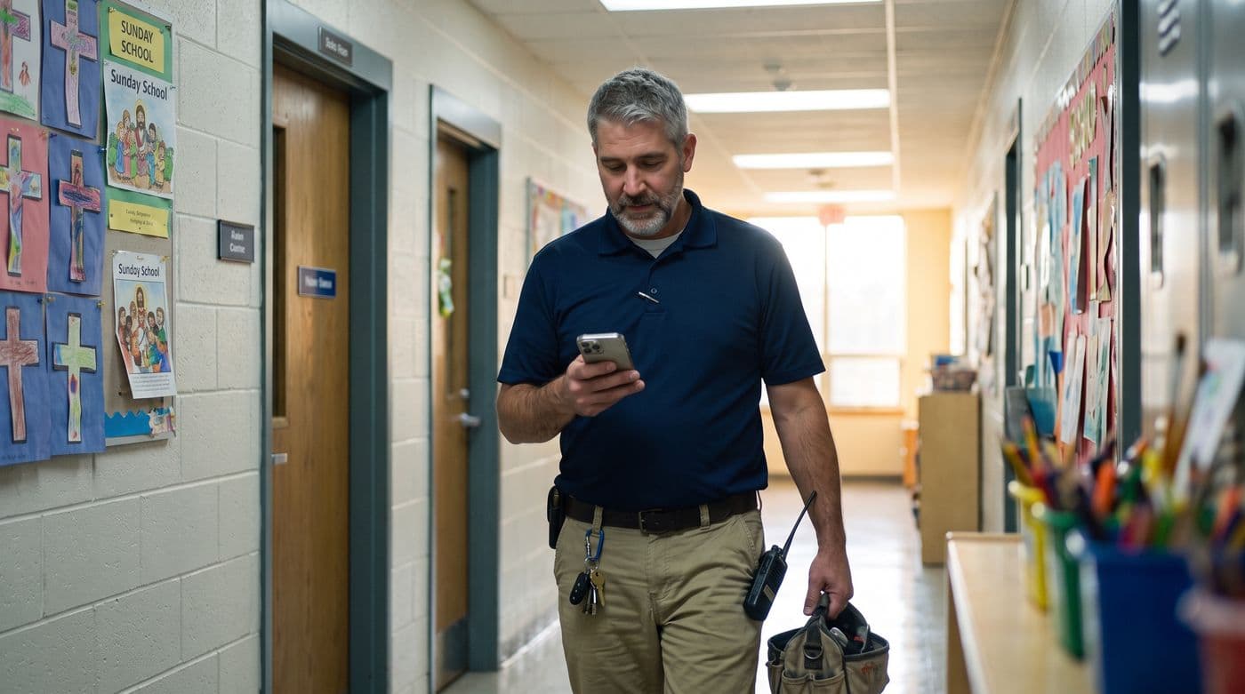 A facilities manager reading the report on a phone in the hallway
