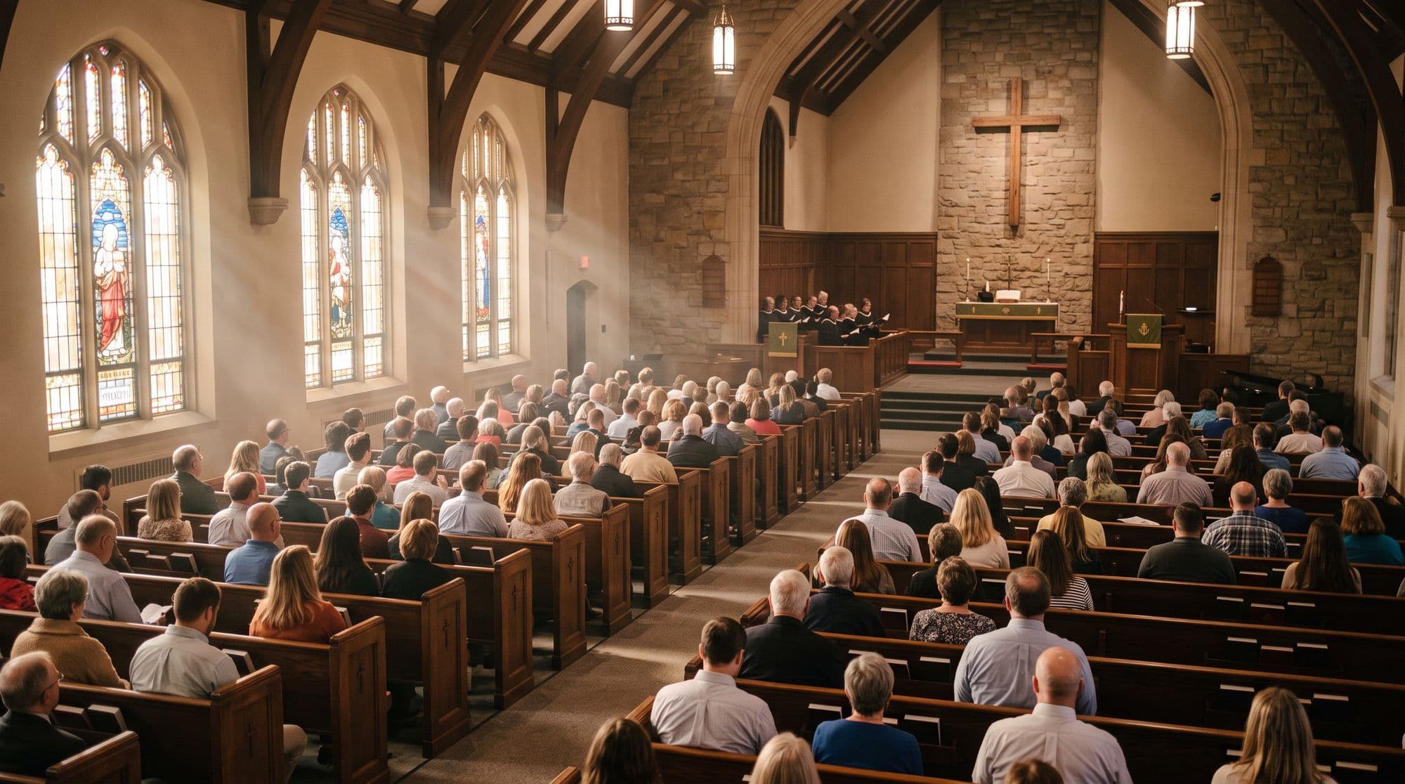 Sunday service in a stone sanctuary with stained-glass windows, wooden pews and a choir behind the altar