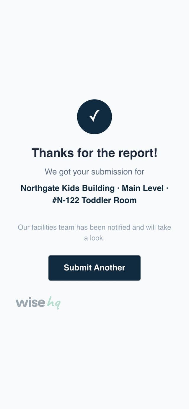 The thank-you screen after a report is sent