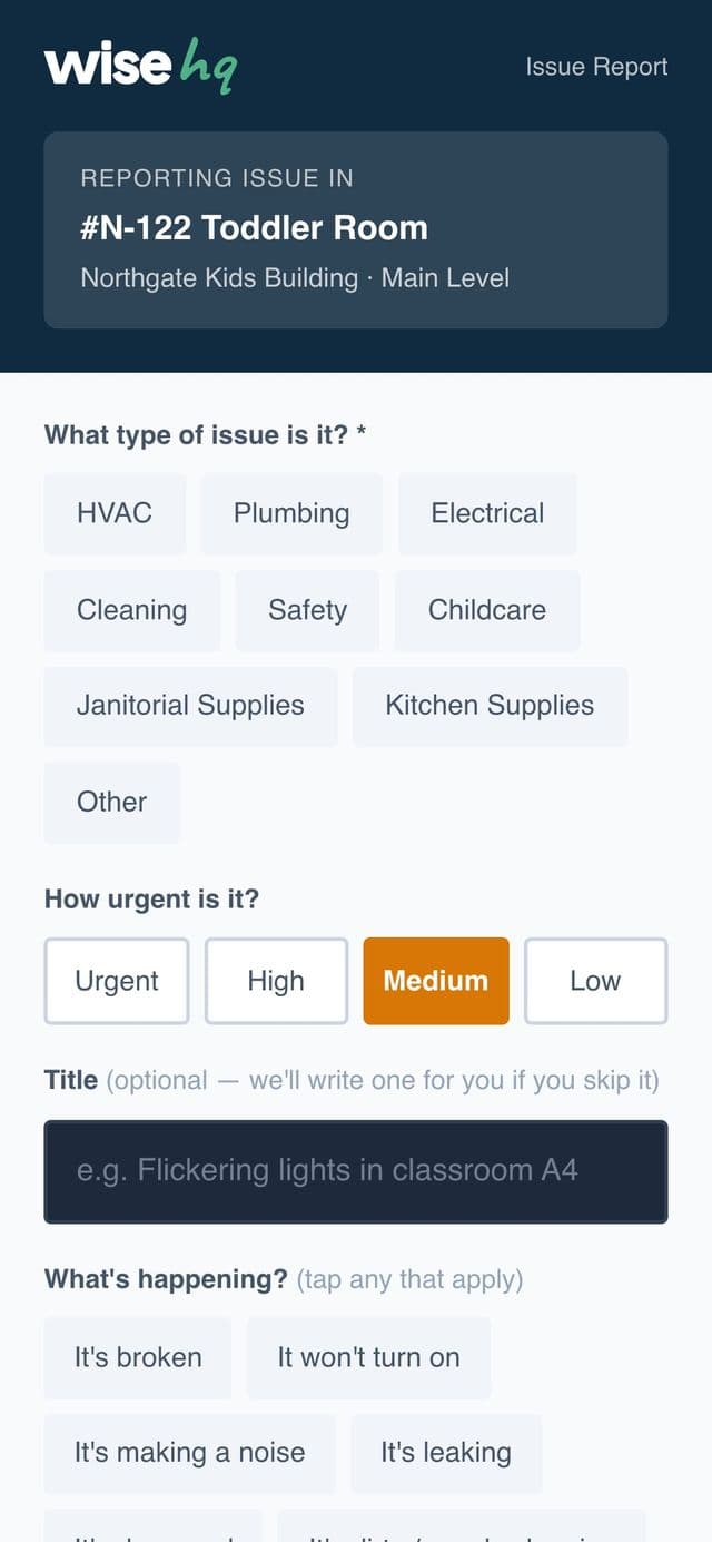 The WiseHQ report form on a phone, for the N-122 Toddler Room