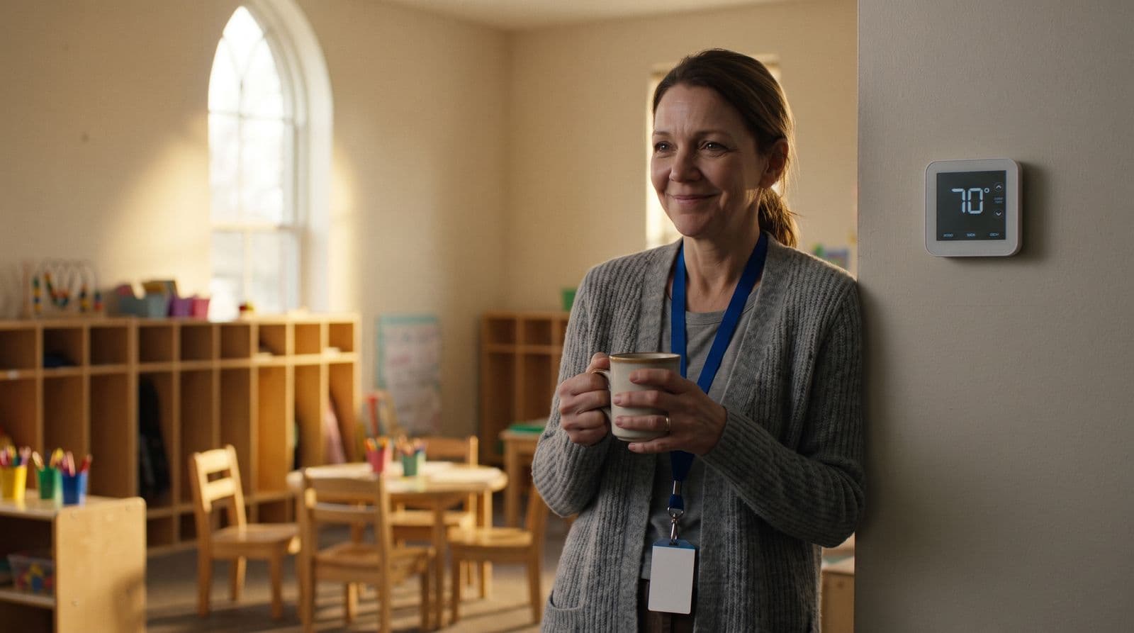 A preschool director in a sunlit classroom