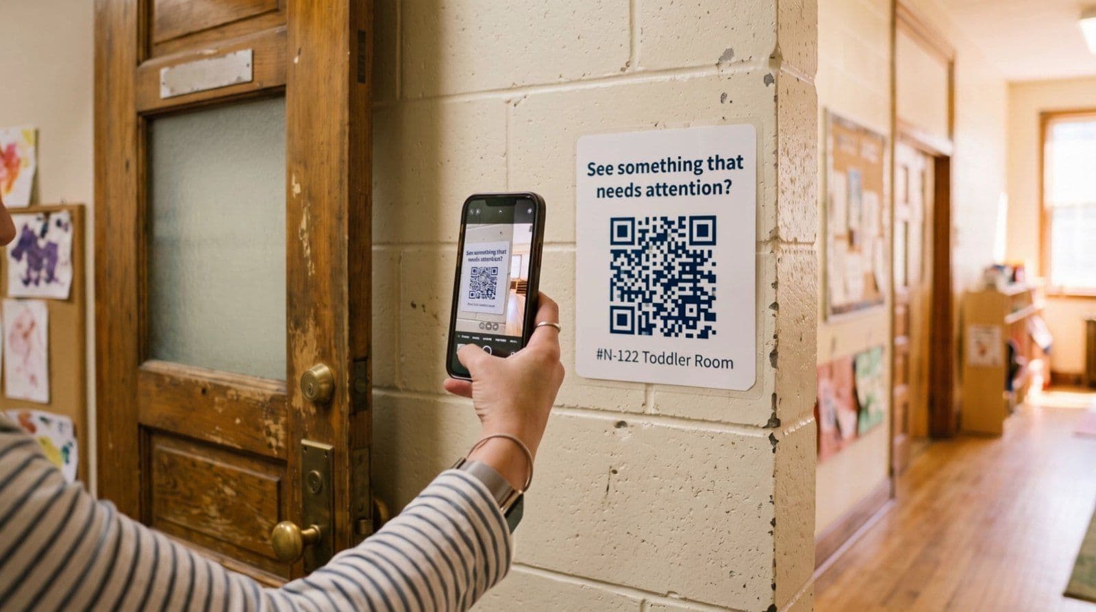 A teacher scanning the QR sign beside the N-122 Toddler Room door