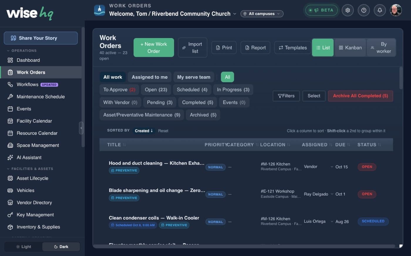 The WiseHQ Work Orders list: open, out with a vendor, and done