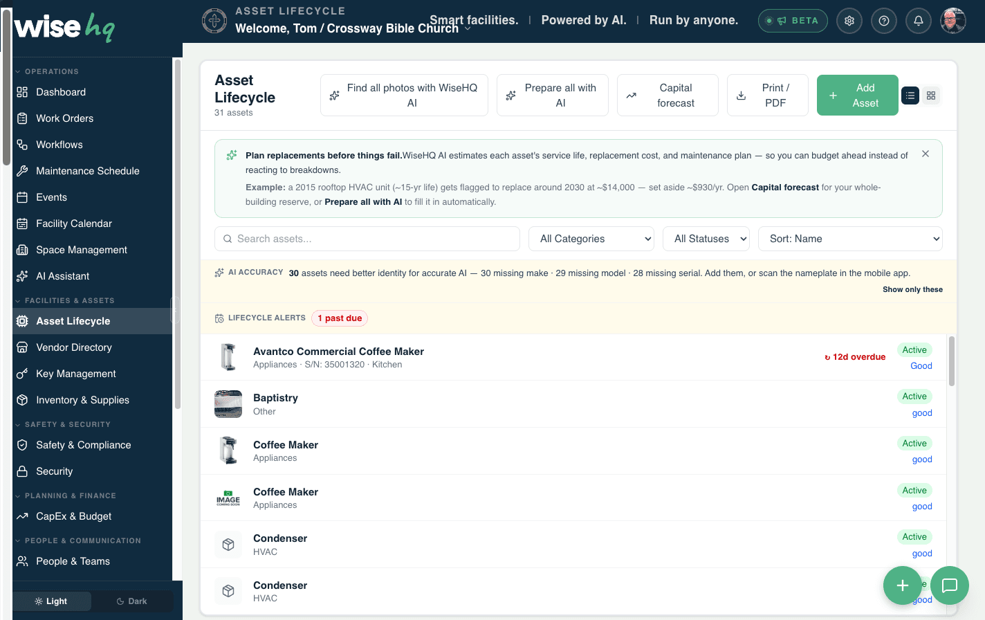 The WiseHQ Asset Lifecycle view: real assets with condition status, lifecycle alerts, AI prepare tools, and one-click capital forecast and PDF export