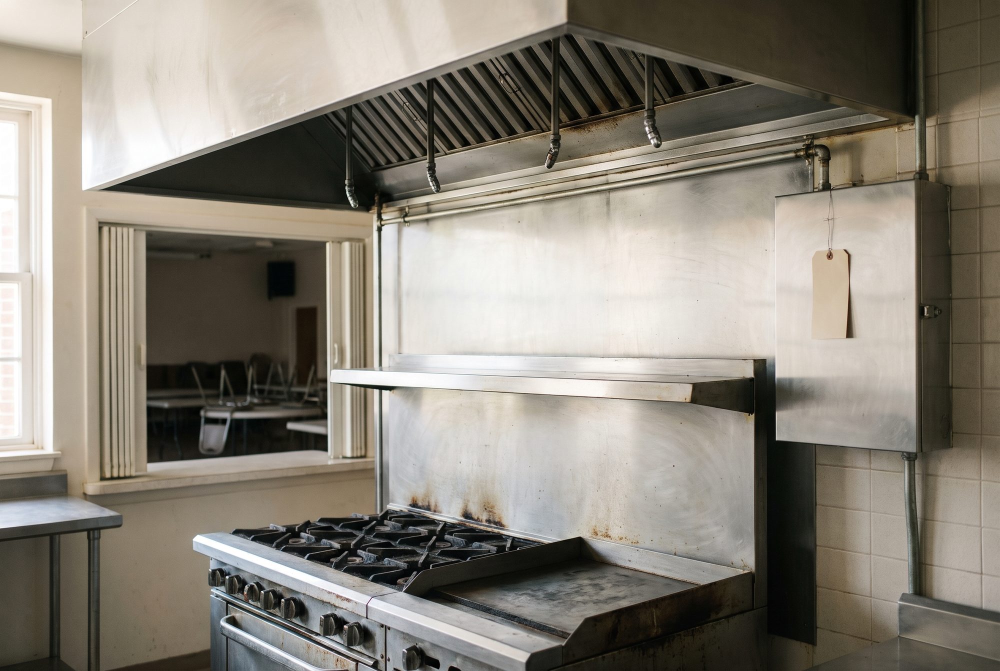 A stainless steel exhaust hood over a gas range and griddle in a church kitchen, with fire suppression nozzles pointing down at the burners and a service tag hanging from the system's control box on the wall
