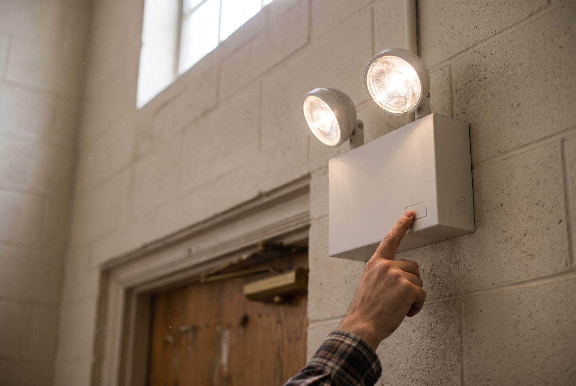 A finger pressing the test button on a white emergency lighting unit mounted on a block wall, both of its round lamp heads lit, with a wooden door below