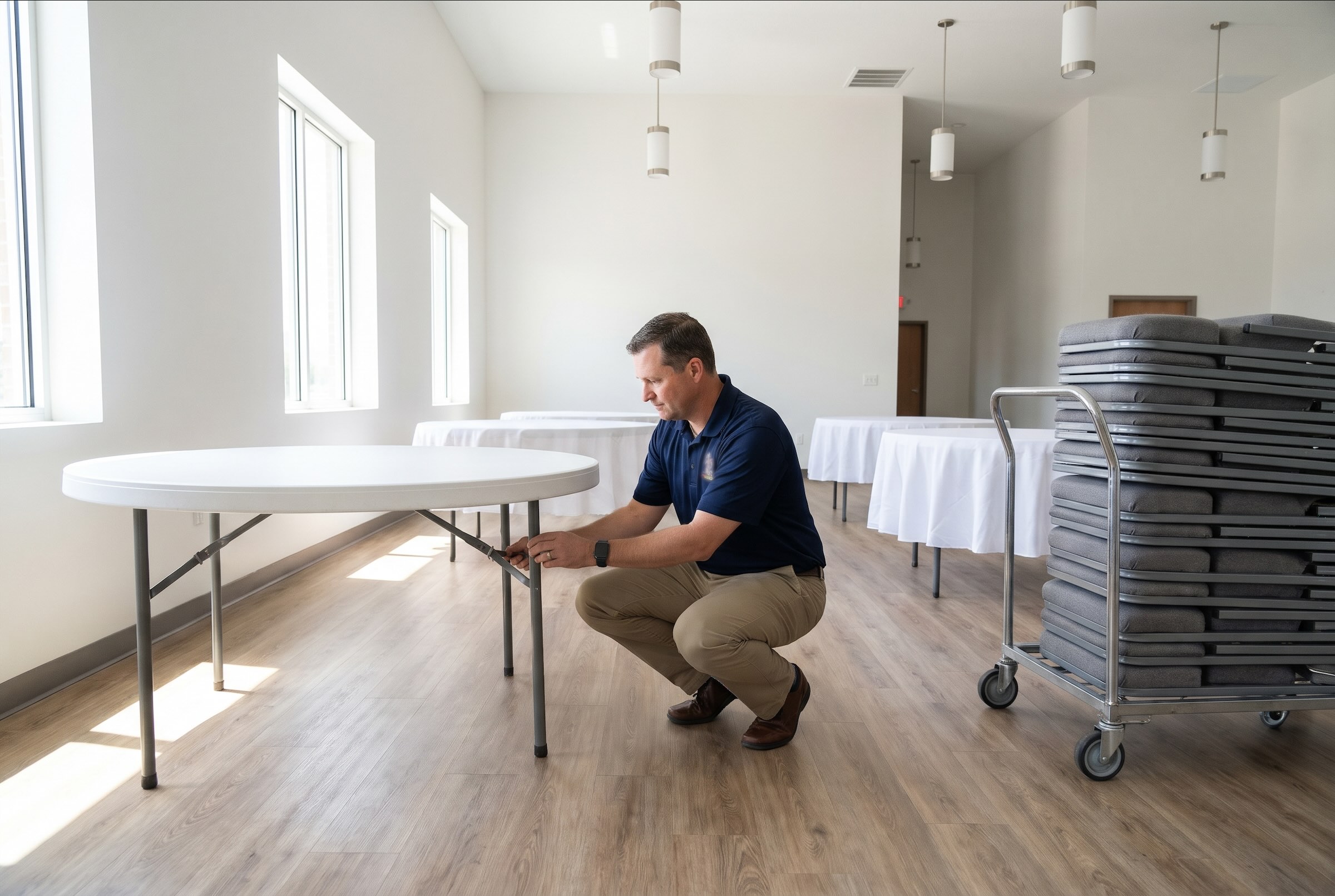 A custodian in a navy work polo crouching to lock the legs of a round folding table in a bright, modern church fellowship hall, beside a cart of padded folding chairs, with more tables already set with white cloths