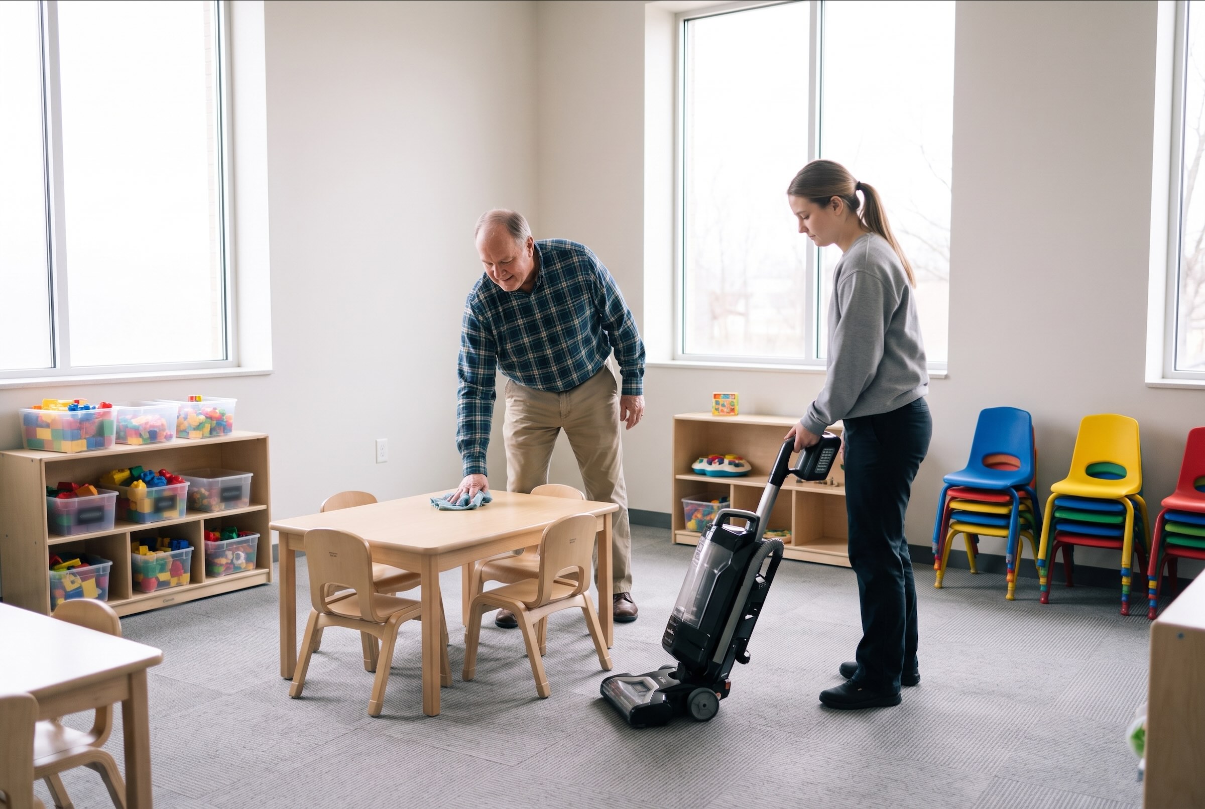 Two volunteers cleaning a bright church children's classroom, an older man wiping a low table and a young woman vacuuming the carpet tile with a cordless vacuum, with colorful kids' chairs stacked by the wall