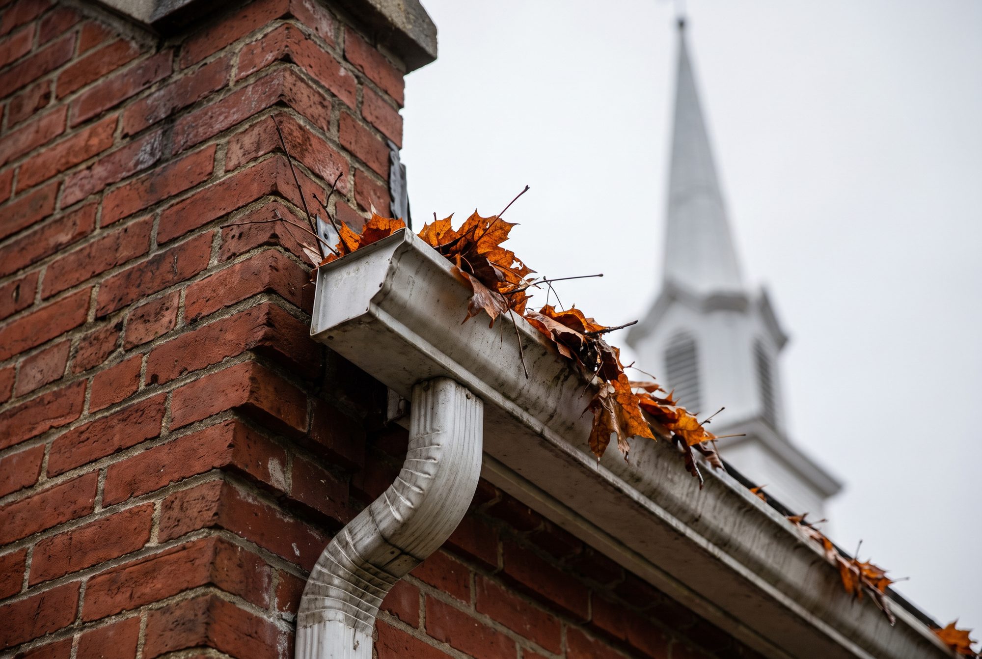 A white gutter packed with wet autumn leaves along a brick church wall, with a downspout below it and a white steeple out of focus behind