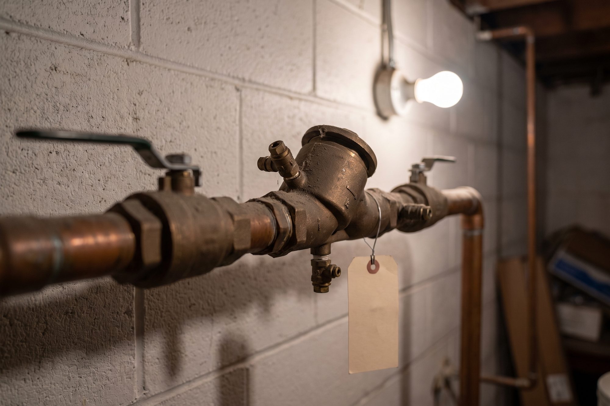 A dusty bronze backflow preventer on a copper water line, with small test cocks, a lever-handled shut-off valve at each end and a paper test tag hanging from it on a wire