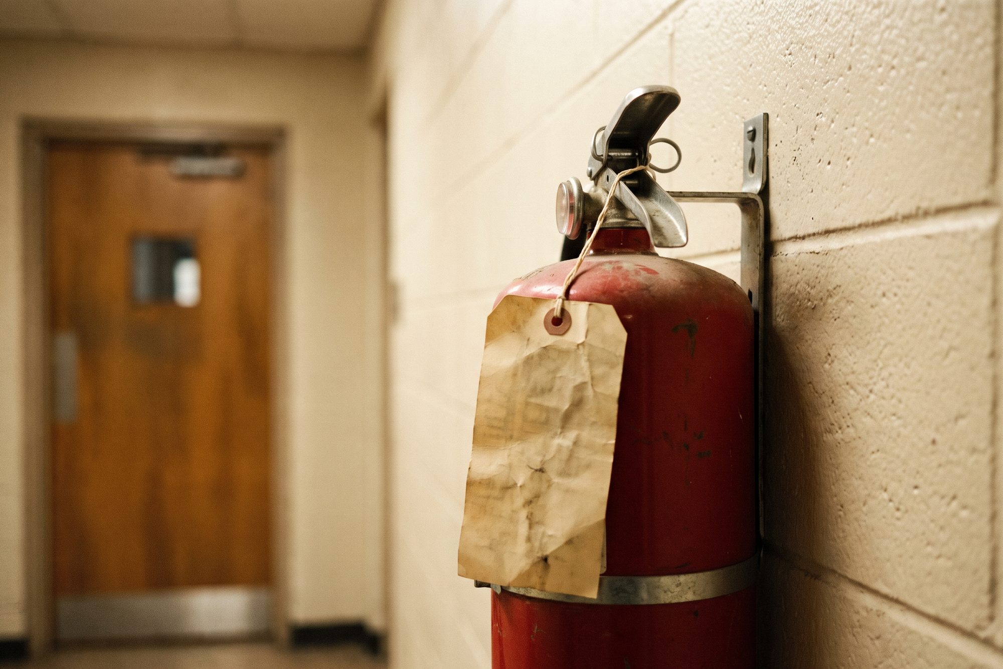 A red fire extinguisher on its wall bracket in a church hallway, a worn paper inspection tag tied to the handle and a classroom door out of focus behind it