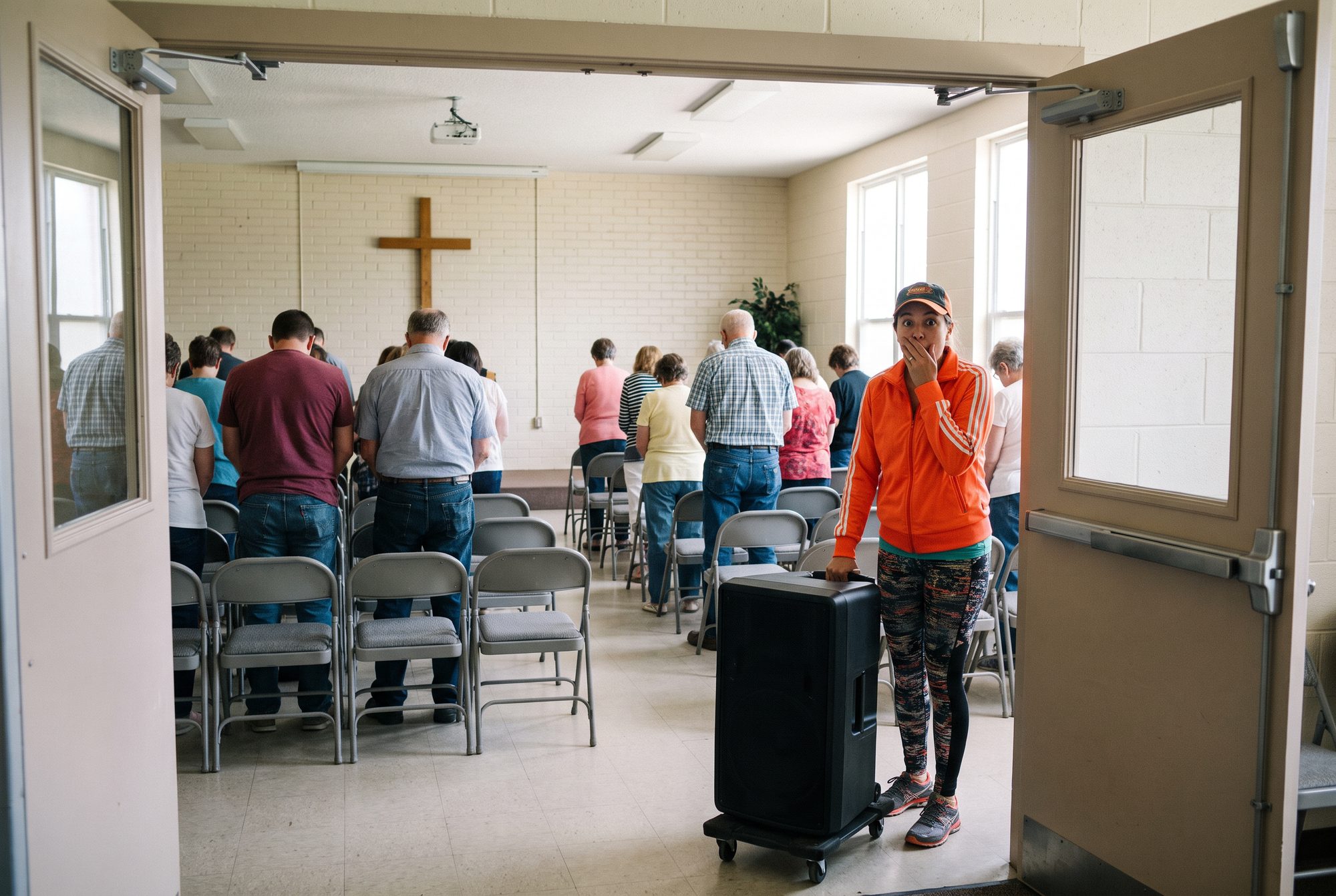 A fitness instructor in an orange jacket stops in a fellowship hall doorway with a giant speaker on a dolly, her hand over her mouth, as the congregation stands with heads bowed for the closing prayer