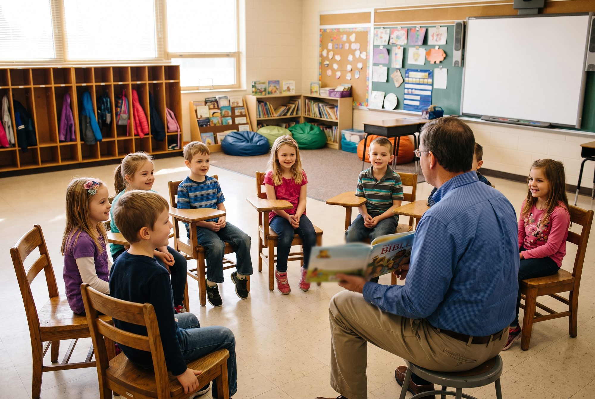 A volunteer teacher reads from a children's Bible to eight children sitting in a half circle of classroom chairs in an elementary school classroom on a Sunday morning