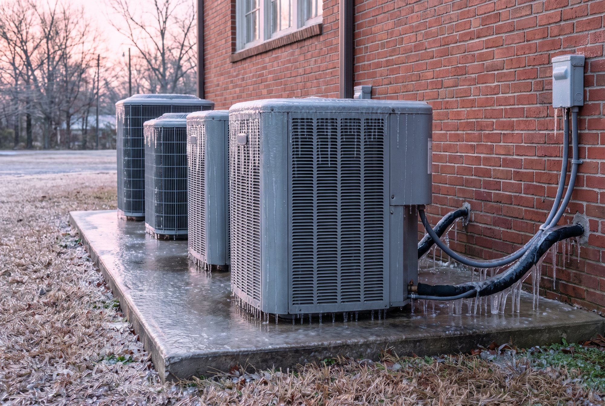 A row of four outdoor air-conditioning units on a concrete pad beside a brick school building, glazed in ice with icicles hanging from their grilles