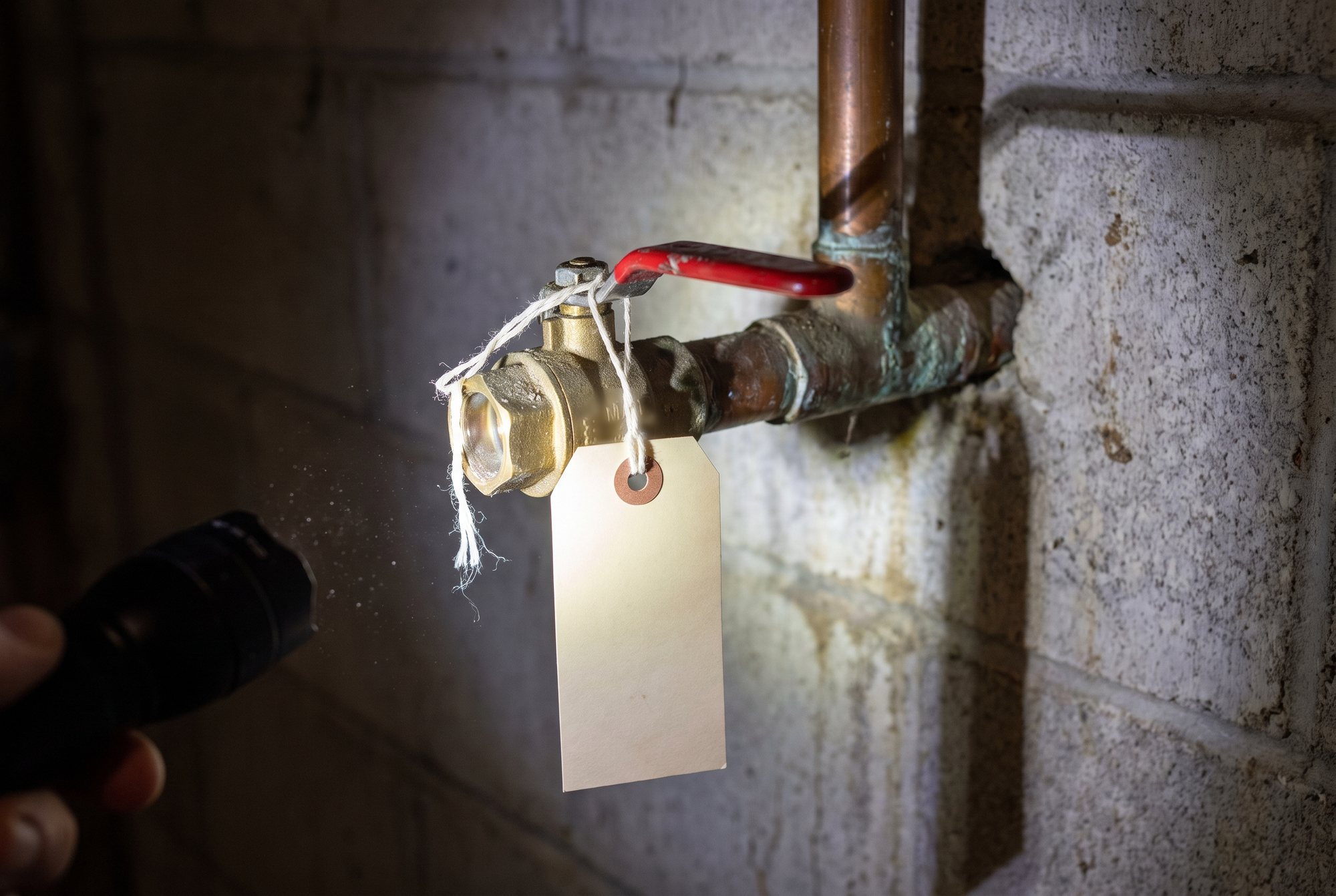 A main water shut-off valve with a red lever handle on a copper line in a block-walled basement, a blank paper tag tied to it, lit by a flashlight