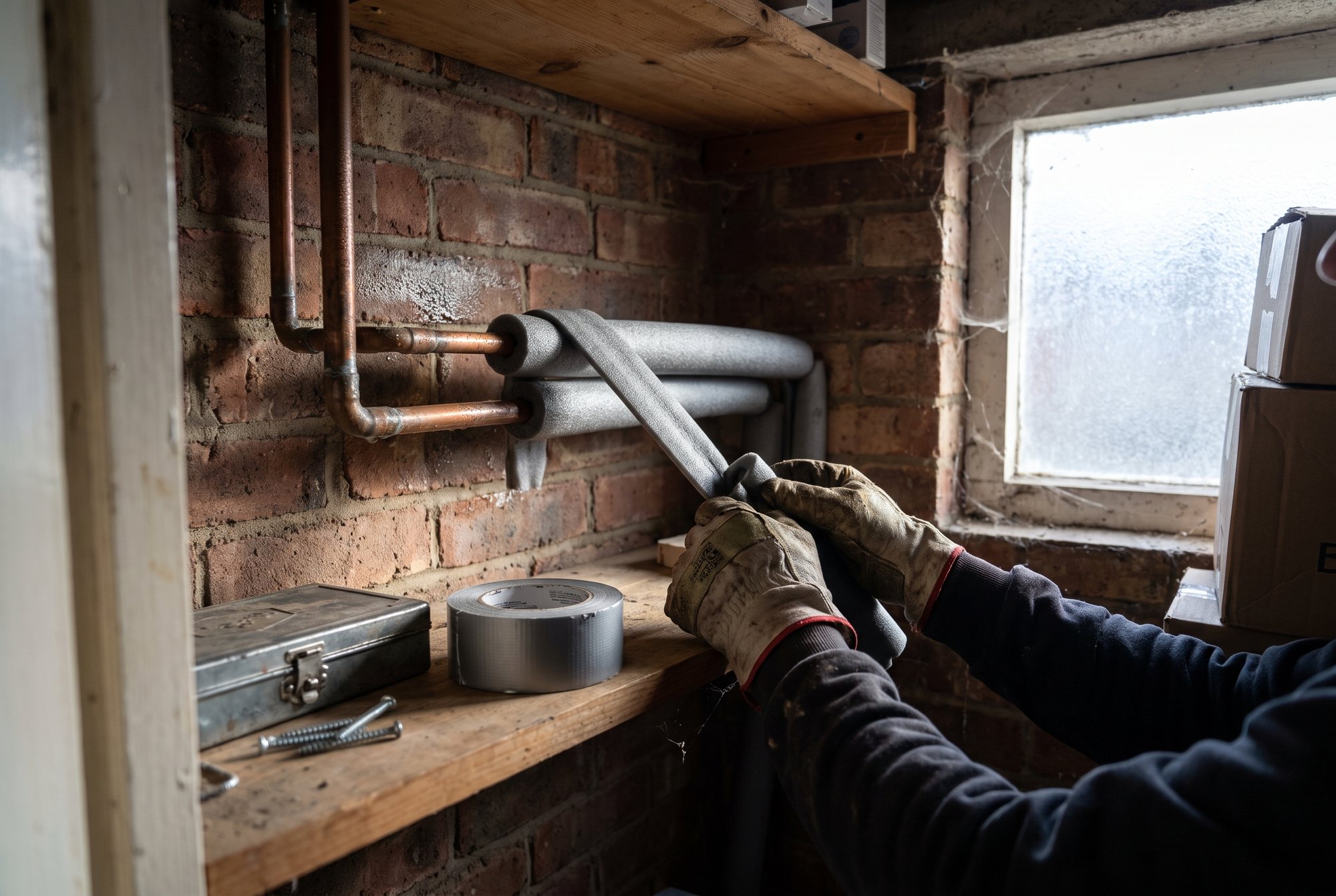 Gloved hands fitting grey foam insulation over copper water pipes along a brick outside wall in a small utility closet, frost on the window