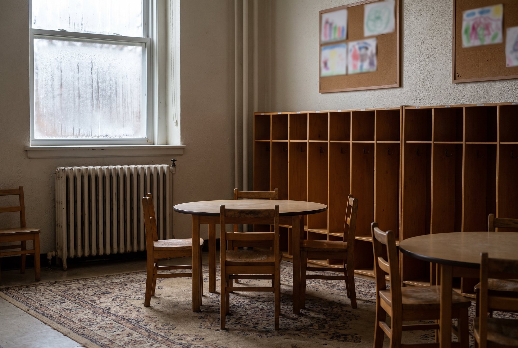 An empty preschool classroom early on a winter morning, small wooden chairs around low tables, cubbies along the wall and a radiator under a frosty window